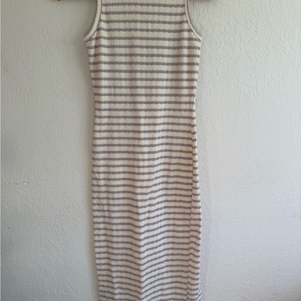 See You Monday dusty lavender and White Striped Maxi Dress